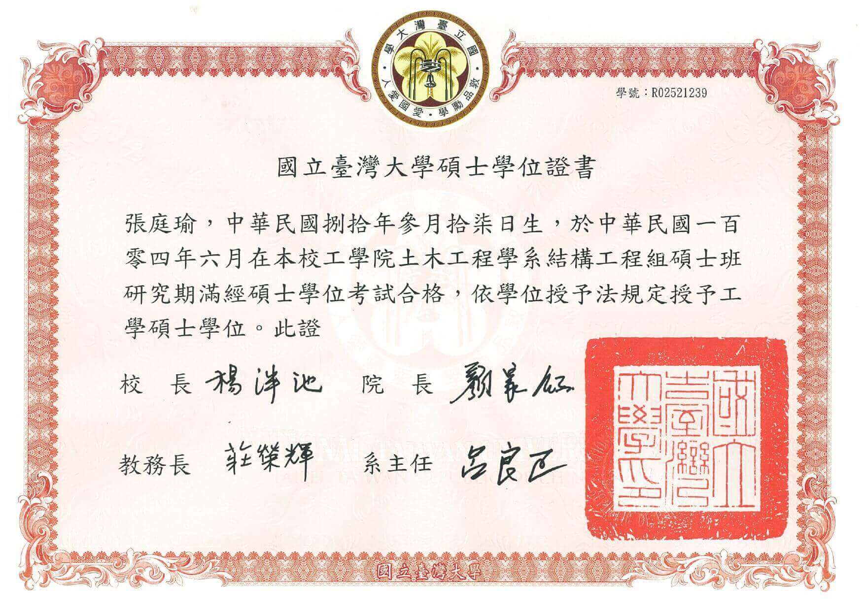 國立臺灣大學碩士學位證書